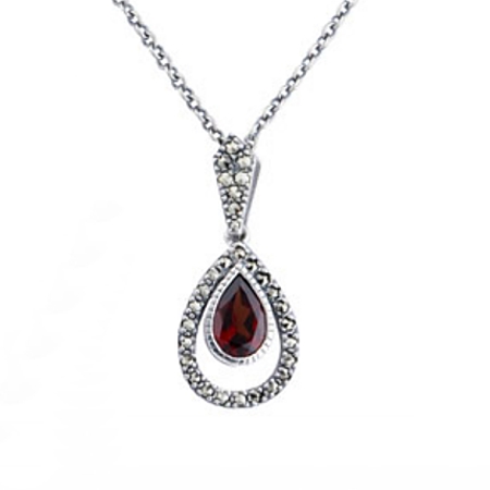 Garnet Teardrop Pendant with Marcasite - Click Image to Close